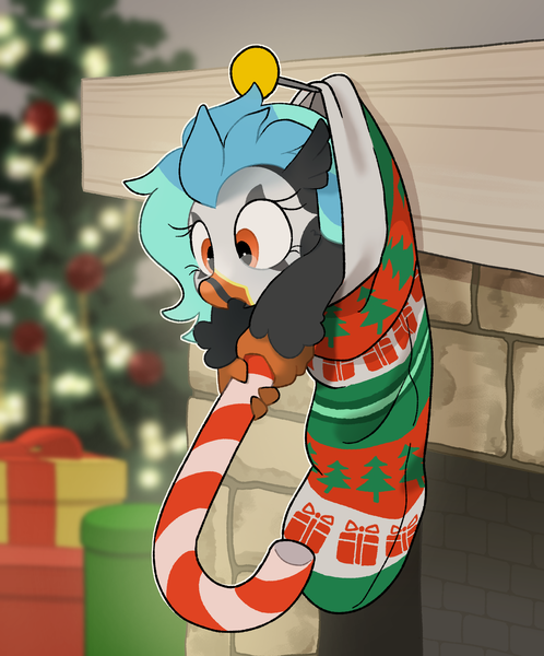 Size: 2243x2701 | Tagged: safe, artist:mochi_nation, derpibooru import, oc, oc:icebeak, unofficial characters only, hippogriff, candy, candy cane, christmas, christmas stocking, christmas tree, clothes, commission, food, holding, holiday, image, png, tree, ych result
