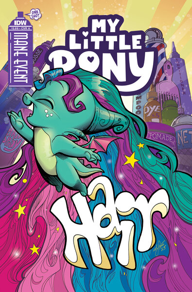 Size: 2063x3131 | Tagged: safe, artist:andypriceart, derpibooru import, idw, official, sparky sparkeroni, dragon, g5, abstract background, baby, baby dragon, comic, comic cover, hair, high res, image, jpeg, male, my little pony logo, my little pony: mane event, official comic, solo, text