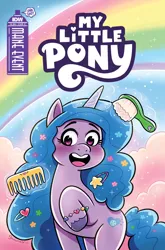 Size: 2063x3131 | Tagged: safe, artist:robin easter, derpibooru import, idw, official, izzy moonbow, pony, unicorn, g5, brush, cloud, comb, comic, comic cover, female, hairbrush, heart, high res, image, jpeg, mare, my little pony logo, my little pony: mane event, official comic, rainbow, sky, solo, stars, text