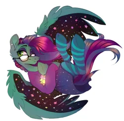 Size: 2210x2160 | Tagged: safe, artist:wacky-skiff, derpibooru import, oc, oc:star dust, unofficial characters only, pegasus, pony, blouse, blue eyeshadow, blue mane, blue tail, clothes, ear piercing, eyelashes, eyeliner, eyeshadow, femboy, glasses, green eyes, image, long mane, long tail, looking at something, lying down, makeup, male, multicolored mane, multicolored tail, one eye closed, pantyhose, pegasus oc, piercing, png, purple mane, purple tail, request, requested art, simple background, skirt, solo, spread wings, stars, tail, teal wings, white background, wings