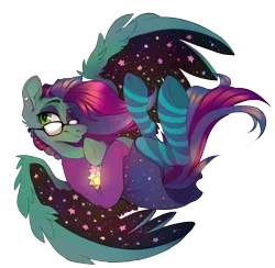 Size: 2210x2160 | Tagged: safe, alternate version, artist:wacky-skiff, derpibooru import, oc, oc:star dust, unofficial characters only, pegasus, pony, blouse, blue eyeshadow, blue mane, blue tail, clothes, ear piercing, eyelashes, eyeliner, eyeshadow, femboy, glasses, green eyes, image, long mane, long tail, looking at something, lying down, makeup, male, multicolored mane, multicolored tail, one eye closed, pantyhose, pegasus oc, piercing, png, purple mane, purple tail, request, requested art, simple background, skirt, solo, spread wings, stars, tail, teal wings, transparent background, wings