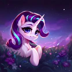 Size: 1600x1600 | Tagged: safe, ai content, derpibooru import, machine learning generated, prompter:ramprover, stable diffusion, starlight glimmer, pony, unicorn, cute, female, flower, g4, generator:ponydiffusion, image, jpeg, looking at you, lying down, mare, night, smiling, solo