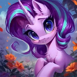 Size: 1600x1600 | Tagged: safe, ai content, derpibooru import, machine learning generated, prompter:ramprover, stable diffusion, starlight glimmer, pony, unicorn, cute, female, flower, g4, generator:ponydiffusion, image, jpeg, looking at you, mare, smiling, solo