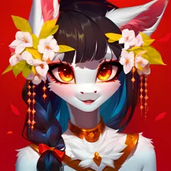 Size: 1440x1440 | Tagged: safe, ai content, derpibooru import, machine learning generated, prompter:ramprover, stable diffusion, oc, unofficial characters only, anthro, pony, bust, chest fluff, ear fluff, female, flower, flower in hair, generator:ponydiffusion, image, jewelry, jpeg, looking at you, mare, red background, simple background, smiling, solo