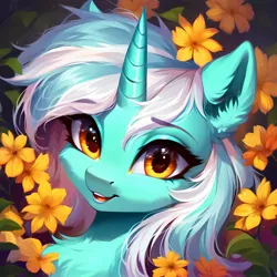 Size: 1536x1536 | Tagged: safe, ai content, derpibooru import, machine learning generated, prompter:ramprover, stable diffusion, lyra heartstrings, pony, unicorn, bust, cute, female, flower, g4, generator:ponydiffusion, image, jpeg, looking at you, mare, smiling, solo