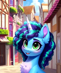 Size: 1822x2160 | Tagged: safe, ai content, derpibooru import, machine learning generated, prompter:ramprover, stable diffusion, pony, unicorn, g5, blushing, bust, chest fluff, cute, ear fluff, female, freckles, generator:ponydiffusion, image, jpeg, looking at you, mare, misty brightdawn, open mouth, smiling, solo, town