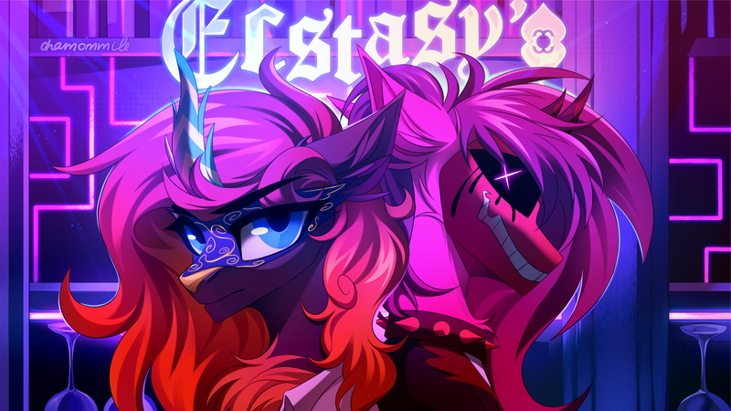 Size: 2814x1583 | Tagged: safe, artist:chamommile, derpibooru import, neon lights, rising star, oc, unofficial characters only, kirin, original species, pegasus, pony, ammunition, blue eyes, bust, clothes, commission, crown, dark skin, duo, duo female, female, horn, image, jewelry, kirin oc, looking at you, mask, neon, pegasus oc, pink mane, png, portrait, regalia, two toned mane, wings, ych result