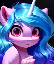 Size: 1822x2160 | Tagged: safe, ai content, derpibooru import, machine learning generated, prompter:ramprover, stable diffusion, izzy moonbow, pony, unicorn, g5, blushing, bust, chest fluff, cute, ear fluff, female, generator:ponydiffusion, image, jpeg, looking at you, mare, open mouth, simple background, smiling, solo