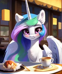 Size: 1822x2160 | Tagged: safe, ai content, derpibooru import, machine learning generated, prompter:ramprover, stable diffusion, princess celestia, alicorn, pony, blushing, chest fluff, coffee, cup, cute, date, ear fluff, female, g4, generator:ponydiffusion, image, jpeg, looking at you, mare, smiling, solo, wings