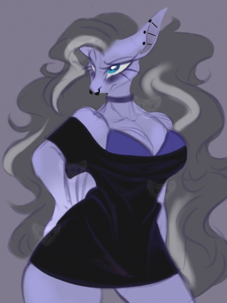 Size: 1662x2217 | Tagged: suggestive, artist:collarthekink, derpibooru import, oc, anthro, pegasus, big ears, blue coat, bra, breasts, choker, cleavage, clothes, dress, ear piercing, eyebrows, eyelashes, female, female oc, furrowed brow, grey hair, hand on hip, hips, image, long eyelashes, nose piercing, off shoulder, pegasus oc, piercing, png, solo, thighs, underwear, waist, wings