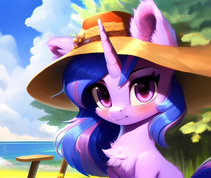 Size: 2560x2160 | Tagged: safe, ai content, derpibooru import, machine learning generated, prompter:ramprover, stable diffusion, sea swirl, seafoam, pony, unicorn, beach, blushing, chest fluff, cute, ear fluff, female, g4, generator:ponydiffusion, hat, image, jpeg, looking at you, mare, sitting, solo