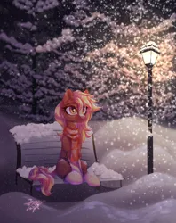 Size: 2942x3710 | Tagged: safe, artist:jsunlight, derpibooru import, oc, ponified, ponified:sgt. reckless, earth pony, pony, bench, clothes, cute, detailed background, happy, image, lamp, lamppost, night, park, park bench, peaceful, png, scarf, scenery, snow, snowfall, solo