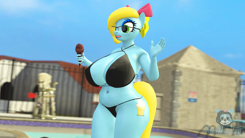 Size: 2560x1440 | Tagged: suggestive, artist:sugarsweetarts, derpibooru import, oc, oc:sugar sweet, anthro, earth pony, 3d, belly, belly button, big breasts, bikini, bikini bottom, bikini top, black swimsuit, blonde, blonde hair, blonde tail, blue coat, bow, breasts, chocolate, cleavage, clothes, earth pony oc, eyelashes, eyeshadow, female oc, food, glasses, green eyes, hair bow, hips, ice cream, ice cream cone, image, makeup, open mouth, outdoors, png, public, solo, string bikini, swimming pool, swimsuit, tail, thighs, two-piece swimsuit