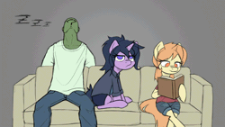 Size: 960x540 | Tagged: artist needed, safe, ponerpics import, ponybooru import, oc, oc:anon, unofficial characters only, earth pony, human, pony, unicorn, /mlp/, 4chan, animated, blushing, book, caught, clothes, couch, female, gif, heart, hoof hold, image, kiss on the cheek, kissing, lidded eyes, mare, onomatopoeia, pants, shirt, sitting, smiling, sound effects, zzz