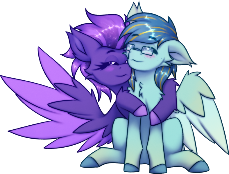 Size: 3919x2985 | Tagged: safe, artist:shad0w-galaxy, derpibooru import, oc, oc:ruffled quill, oc:shadow galaxy, unofficial characters only, pegasus, pony, derpibooru community collaboration, 2024 community collab, :3, blushing, cheek fluff, chest fluff, cute, ear fluff, ethereal mane, eyebrows, eyebrows visible through hair, eyes closed, female, fluffy, freckles, glasses, high res, hooves, hug, image, male, mare, oc x oc, pegasus oc, png, shipping, shoulder fluff, simple background, sitting, spread wings, stallion, starry mane, transparent background, wing fluff, wings