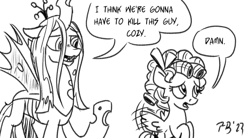 Size: 1200x675 | Tagged: safe, artist:pony-berserker, derpibooru import, cozy glow, queen chrysalis, changeling, pegasus, pony, female, filly, flying, foal, i think we're gonna have to kill this guy, image, meme, open mouth, png, pony-berserker's twitter sketches, pony-berserker's twitter sketches (2023), raised hoof, simple background, steven universe, vulgar, white background