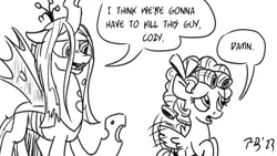 Size: 1200x675 | Tagged: safe, artist:pony-berserker, derpibooru import, cozy glow, queen chrysalis, changeling, pegasus, pony, female, filly, flying, foal, i think we're gonna have to kill this guy, image, meme, open mouth, png, pony-berserker's twitter sketches, pony-berserker's twitter sketches (2023), raised hoof, simple background, steven universe, vulgar, white background