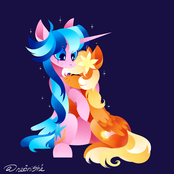 Size: 3000x3000 | Tagged: safe, artist:neonishe, derpibooru import, oc, oc:neon star, oc:sunshinenya, unofficial characters only, alicorn, pegasus, pony, cute, flower, flower in hair, hug, image, png