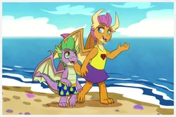 Size: 1772x1181 | Tagged: safe, artist:inuhoshi-to-darkpen, derpibooru import, smolder, spike, dragon, beach, blue eyes, clothes, dragon horns, dragon tail, dragon wings, dragoness, ear fins, eyebrows, eyelashes, fangs, female, fins, green eyes, horns, image, looking at each other, looking at someone, male, open mouth, png, sand, shirt, skirt, sleeveless, sleeveless shirt, slit pupils, swimsuit, tail, trunks, water, wings