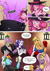 Size: 1200x1697 | Tagged: suggestive, artist:cabrony, artist:pia-sama, derpibooru import, applejack, fluttershy, pinkie pie, rainbow dash, rarity, spike, anthro, dragon, pegasus, unicorn, comic:lustful diamond, comic:night of the living sex, comic:night of the living sex (color), comic:rogue diamond, absolute cleavage, adult, adult spike, big breasts, breasts, busty applejack, busty fluttershy, busty pinkie pie, busty rarity, cauldron, cleavage, clothes, comic, costume, coughing, female, g4, grayscale, halloween, halloween costume, hat, holiday, image, ladle, monochrome, older, older spike, open mouth, png, speech bubble, witch hat