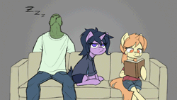 Size: 960x540 | Tagged: artist needed, safe, alternate version, ponerpics import, ponybooru import, oc, oc:anon, unofficial characters only, earth pony, human, pony, unicorn, /mlp/, 4chan, animated, blushing, book, caught, clothes, couch, female, gif, heart, hoof hold, image, kiss on the cheek, kissing, lidded eyes, mare, onomatopoeia, pants, shirt, sitting, sleeping, smiling, sound effects, zzz