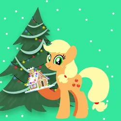 Size: 1400x1400 | Tagged: safe, artist:mlplary6, ponerpics import, ponybooru import, applejack, earth pony, pony, christmas, christmas tree, female, gingerbread house, holiday, image, looking at you, mare, png, smiling, smiling at you, tree