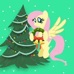 Size: 1400x1400 | Tagged: safe, artist:mlplary6, ponerpics import, ponybooru import, fluttershy, pegasus, pony, christmas, christmas tree, female, flying, garland, holiday, image, looking at you, mare, png, smiling, smiling at you, tree