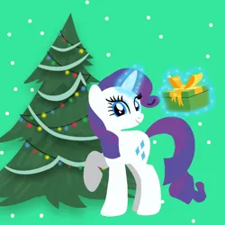 Size: 1400x1400 | Tagged: safe, artist:mlplary6, ponerpics import, ponybooru import, rarity, pony, unicorn, christmas, christmas tree, female, holiday, image, looking at you, magic, magic aura, mare, png, present, smiling, smiling at you, tree