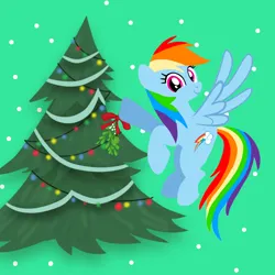 Size: 1400x1400 | Tagged: safe, artist:mlplary6, ponerpics import, ponybooru import, rainbow dash, pegasus, pony, christmas, christmas tree, female, flying, holiday, image, looking at you, mare, mistletoe, png, smiling, smiling at you, tree