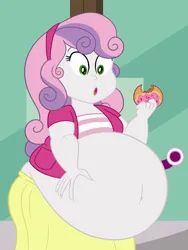 Size: 1080x1440 | Tagged: safe, artist:scobionicle99, derpibooru import, sweetie belle, human, equestria girls, :o, belly, belly button, big belly, donut, fat, female, food, huge belly, image, obese, open mouth, png, solo, sweetie belly