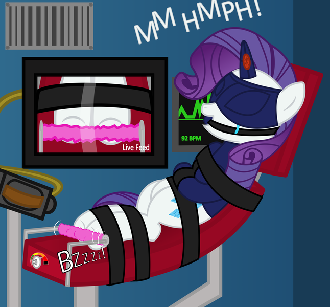 Size: 7000x6499 | Tagged: suggestive, artist:cardshark777, derpibooru import, rarity, pony, unicorn, air vent, ballgag, blindfold, bondage, bound and gagged, brush, cable, camera, crying, female, femsub, g4, gag, helpless, hoof tickling, hooves, horn, horn cap, image, laughing, lying down, magic suppression, mare, monitor, muffled laughter, png, prisoner, rarisub, screw, straitjacket, straps, submissive, tears of laughter, text, tickle roller, tickle torture, tickling, tied to chair, vent