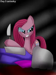 Size: 1500x2000 | Tagged: semi-grimdark, artist:carolinajt, derpibooru import, pinkie pie, earth pony, pony, autopsy, body, female, image, jpeg, knife, pinkamena diane pie, smiling, solo