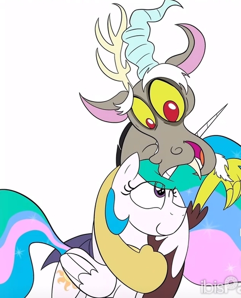 Size: 629x777 | Tagged: safe, artist:creepybirdextra, derpibooru import, discord, princess celestia, alicorn, draconequus, antlers, cropped, duo, duo male and female, female, friendshipping, horn, ibispaint x, image, jpeg, male, one eye closed, open mouth, raised hand, screenshots, simple background, smiling, white background