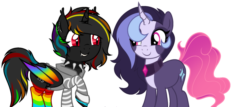 Size: 2025x939 | Tagged: safe, artist:arshe12, derpibooru import, oc, oc:glare cross, oc:night rainbow, unofficial characters only, alicorn, bat pony, bat pony alicorn, pony, unicorn, alicorn oc, bat pony oc, bat wings, choker, clothes, commission, duo, ear piercing, earring, fangs, female, grin, hoodie, horn, image, jewelry, looking at each other, looking at someone, mare, markings, multicolored hair, piercing, png, rainbow hair, rainbow socks, raised hoof, simple background, smiling, socks, spiked choker, striped socks, transparent background, wing piercing, wings, wristband, ych result
