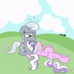 Size: 614x614 | Tagged: safe, artist:creepybirdextra, derpibooru import, diamond tiara, silver spoon, pony, cropped, duo, duo female, female, filly, foal, grass, ibispaint x, image, jewelry, jpeg, looking at each other, looking at someone, screenshots, tiara
