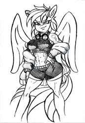 Size: 1597x2307 | Tagged: suggestive, artist:ghostinhood, derpibooru import, rainbow dash, anthro, pegasus, abs, alternative cutie mark placement, belly, belly button, black and white, clothes, ears, eyebrows, eyelashes, eyeliner, feathered wings, furrowed brow, g4, goggles, grayscale, hips, image, jacket, jpeg, looking at you, makeup, midriff, monochrome, off shoulder, pegasus wings, short hair, short hair rainbow dash, shorts, smiling, smiling at you, smirk, solo, sports bra, sports shorts, tail, thighs, wings