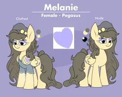 Size: 2772x2205 | Tagged: safe, artist:moonatik, derpibooru import, oc, oc:melanie mousse, unofficial characters only, pegasus, pony, badge, commission, female, hat, headphones, hipster, image, mare, messy mane, pegasus oc, png, reference sheet, solo, wings