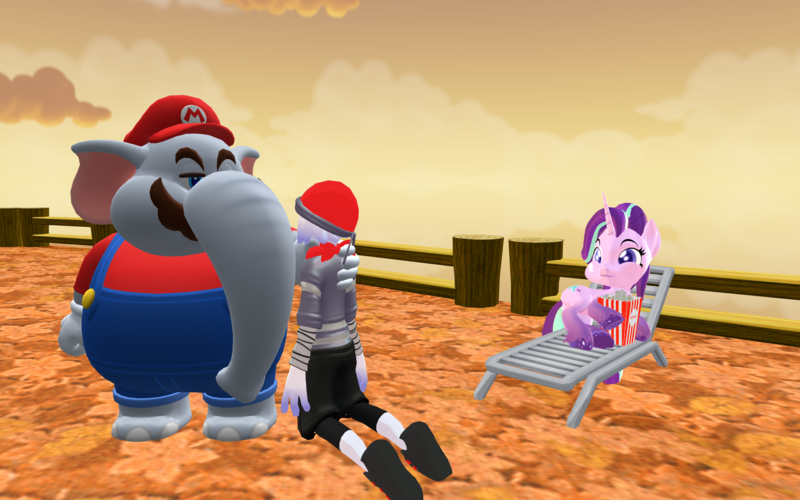 Size: 1920x1200 | Tagged: safe, artist:puzzlshield2, derpibooru import, starlight glimmer, elephant, pony, the crystalling, 3d, beach chair, chair, chokehold, crossover, cute, eating, fight, food, glimmerbetes, image, mario, meme, mmd, niles, png, popcorn, recreation, smg4, super mario bros., super mario bros. wonder, super mario galaxy