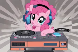 Size: 1152x768 | Tagged: safe, ai content, artist:ncolque, derpibooru import, machine learning generated, pinkie pie, vinyl scratch, earth pony, pony, female, headphones, image, jpeg, mare, solo, turntable