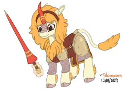 Size: 1165x849 | Tagged: safe, artist:bloonacorn, derpibooru import, oc, unofficial characters only, kirin, armor, armored pony, image, lance, png, simple background, transparent background, weapon