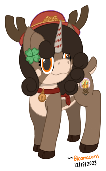 Size: 710x1140 | Tagged: safe, artist:bloonacorn, derpibooru import, oc, oc:bloona blazes, unofficial characters only, deer, reindeer, unicorn, /mlp/ tf2 general, bell, bell collar, collar, hat, horn, image, png, saddle, simple background, tack, team fortress 2, transparent background, unicorn oc