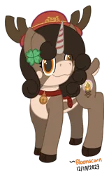 Size: 710x1140 | Tagged: safe, artist:bloonacorn, derpibooru import, oc, oc:bloona blazes, unofficial characters only, deer, reindeer, unicorn, /mlp/ tf2 general, bell, bell collar, collar, hat, horn, image, png, saddle, simple background, tack, team fortress 2, transparent background, unicorn oc