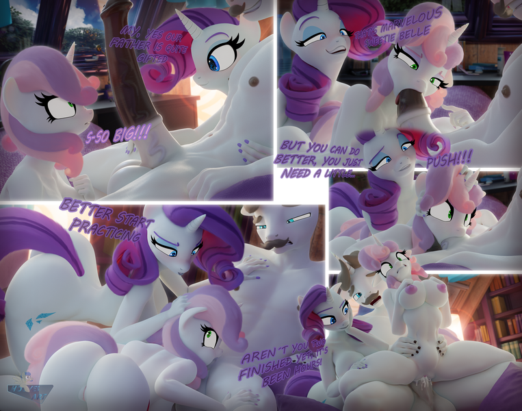 Size: 3840x3020 | Tagged: explicit, artist:hooves-art, derpibooru import, hondo flanks, rarity, sweetie belle, anthro, unicorn, 3d, balls, blender, blowjob, breasts, busty rarity, busty sweetie belle, comic, commission, creampie, cum, father and child, father and daughter, female, g4, group sex, horsecock, image, incest, infidelity, lesbian, male, nudity, oral, penetration, penis, png, raribelle, raricest, rariflanks, sex, shipping, siblings, sisters, straight, sweetieflanks, threesome, vaginal