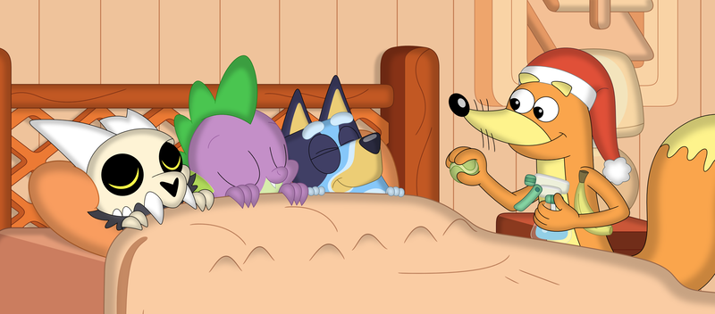 Size: 3525x1549 | Tagged: safe, artist:porygon2z, derpibooru import, spike, dog, dragon, fox, australian cattle dog, ball, banana, bed, blanket, bluey, bluey heeler, christmas, crossover, disney, dora the explorer, eyes closed, female, food, g4, hat, holiday, image, king clawthorne, male, pillow, png, santa hat, sleeping, smiling, sprayer, swiper, tennis ball, the owl house