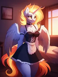 Size: 2304x3072 | Tagged: safe, ai content, derpibooru import, machine learning generated, stable diffusion, daybreaker, alicorn, anthro, bed, bedroom, bedroom eyes, big breasts, breasts, busty daybreaker, chest fluff, cleavage, clothes, collar, ear fluff, female, fire, g4, generator:easyfluff v11.2, horn, image, jpeg, maid, maidbreaker, mane of fire, partially open wings, prompter:frostru, solo, window, wings