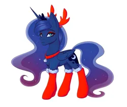 Size: 2320x1952 | Tagged: safe, artist:tanatos, derpibooru import, princess luna, alicorn, pony, christmas, clothes, concave belly, eyeshadow, female, g4, holiday, horns, image, makeup, mare, png, redraw, simple background, socks, solo