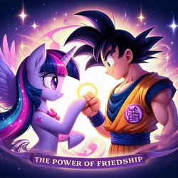 Size: 1024x1024 | Tagged: safe, ai content, artist:meshari7, derpibooru import, machine learning generated, twilight sparkle, twilight sparkle (alicorn), alicorn, human, pony, saiyan, dragon ball, dragon ball z, duo, female, fist bump, g4, height difference, hoofbump, image, jpeg, male, mare, prompter:meshari7, son goku, the power of friendship