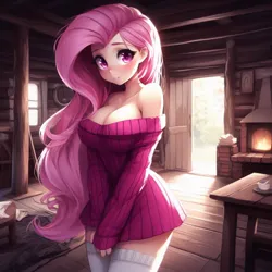 Size: 1024x1024 | Tagged: safe, ai content, derpibooru import, machine learning generated, fluttershy, human, adorasexy, anime, big breasts, blushing, breasts, busty fluttershy, cleavage, clothes, cute, embarrassed, female, g4, generator:bing image creator, generator:dall-e 3, humanized, image, indoors, jpeg, looking at you, off shoulder, off shoulder sweater, sexy, shyabetes, socks, solo, standing, stockings, stupid sexy fluttershy, sweater, sweater dress, sweatershy, thigh highs, white stockings, wrong eye color, zettai ryouiki