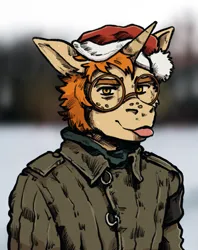 Size: 1127x1421 | Tagged: safe, artist:dwcmarshalarts, derpibooru import, oc, oc:golden autumn, anthro, unicorn, christmas, clothes, freckles, glasses, hat, holiday, horn, image, male, png, round glasses, santa hat, solo