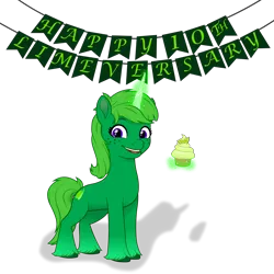 Size: 2000x2000 | Tagged: safe, alternate version, artist:kitana762, derpibooru import, oc, oc:lime dream, unofficial characters only, unicorn, g5, anniversary, banner, cupcake, food, freckles, happy, image, lime, magic, png, simple background, solo, unshorn fetlocks